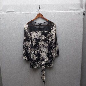 Calvin Klein Womens Black & White Floral Sheer Tie Waist Blouse Top Size M